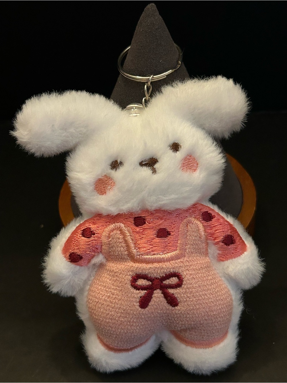 PREMIUM Plush Bunny 🐰 Keychain w/Rosie Cheeks, Polka Dot Top & Pink Overalls New